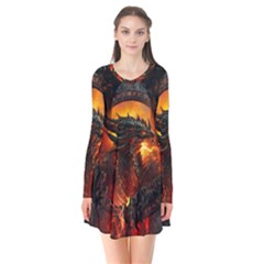 Dragon Art Fire Digital Fantasy Long Sleeve V-neck Flare Dress by Bedest