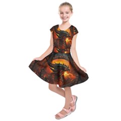 Dragon Art Fire Digital Fantasy Kids  Short Sleeve Dress