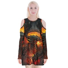 Dragon Art Fire Digital Fantasy Velvet Long Sleeve Shoulder Cutout Dress by Bedest