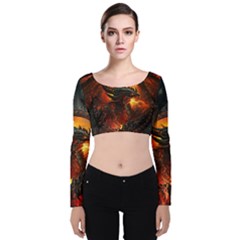 Dragon Art Fire Digital Fantasy Velvet Long Sleeve Crop Top by Bedest