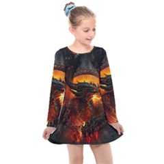 Dragon Art Fire Digital Fantasy Kids  Long Sleeve Dress by Bedest