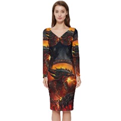 Dragon Art Fire Digital Fantasy Long Sleeve V-neck Bodycon Dress  by Bedest