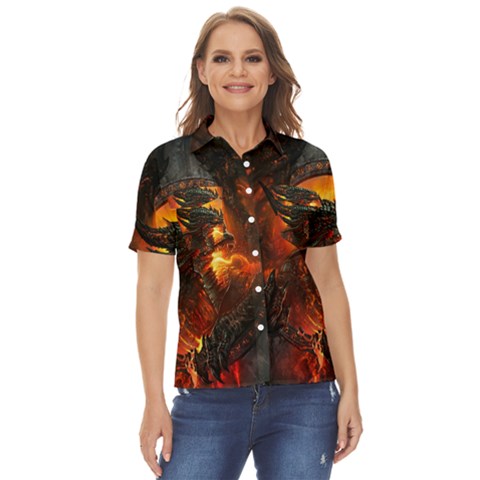 Dragon Art Fire Digital Fantasy Women s Short Sleeve Double Pocket Shirt by Bedest