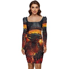 Dragon Art Fire Digital Fantasy Women Long Sleeve Ruched Stretch Jersey Dress by Bedest