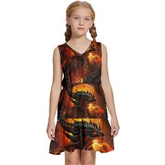 Dragon Art Fire Digital Fantasy Kids  Sleeveless Tiered Mini Dress by Bedest