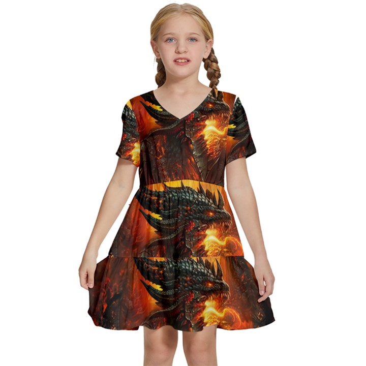 Dragon Art Fire Digital Fantasy Kids  Short Sleeve Tiered Mini Dress