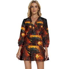 Dragon Art Fire Digital Fantasy V-neck Placket Mini Dress by Bedest