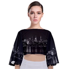 New York Skyline Tie Back Butterfly Sleeve Chiffon Top by Bedest