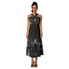 New York Skyline Sleeveless Cross Front Cocktail Midi Chiffon Dress