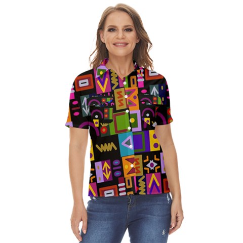 Abstract A Colorful Modern Illustration--- Women s Short Sleeve Double Pocket Shirt by Bedest