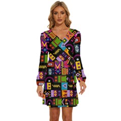 Abstract A Colorful Modern Illustration--- Long Sleeve Waist Tie Ruffle Velvet Dress by Bedest