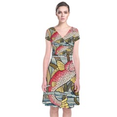 Fish Underwater Cubism Mosaic Short Sleeve Front Wrap Dress by Bedest