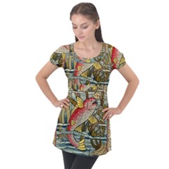 Fish Underwater Cubism Mosaic Puff Sleeve Tunic Top by Bedest