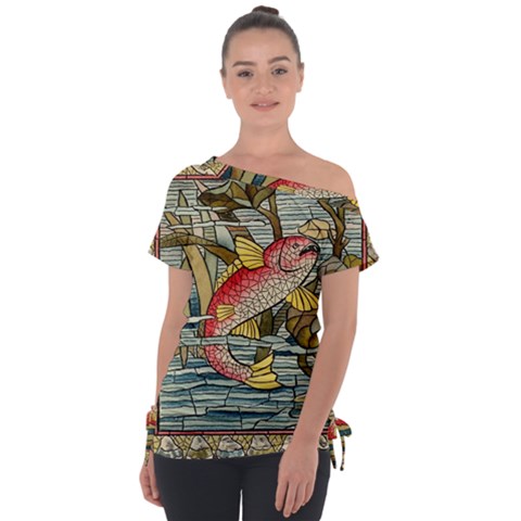 Fish Underwater Cubism Mosaic Off Shoulder Tie-up T-shirt by Bedest