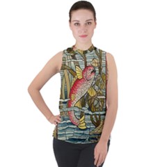 Fish Underwater Cubism Mosaic Mock Neck Chiffon Sleeveless Top by Bedest