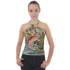 Fish Underwater Cubism Mosaic Cross Neck Velour Top by Bedest