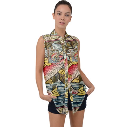 Fish Underwater Cubism Mosaic Sleeveless Chiffon Button Shirt by Bedest