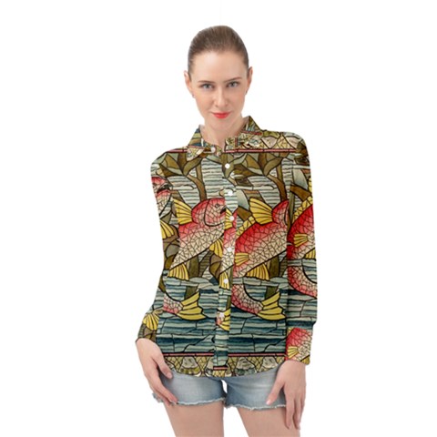 Fish Underwater Cubism Mosaic Long Sleeve Chiffon Shirt by Bedest