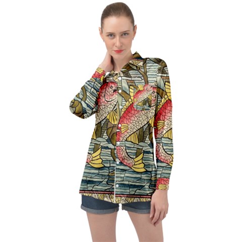 Fish Underwater Cubism Mosaic Long Sleeve Satin Shirt by Bedest