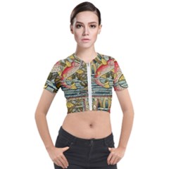 Fish Underwater Cubism Mosaic Short Sleeve Cropped Jacket by Bedest