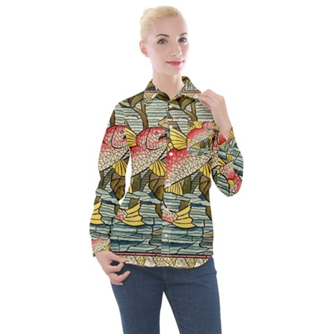 Fish Underwater Cubism Mosaic Women s Long Sleeve Pocket Shirt by Bedest