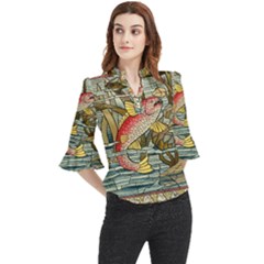 Fish Underwater Cubism Mosaic Loose Horn Sleeve Chiffon Blouse