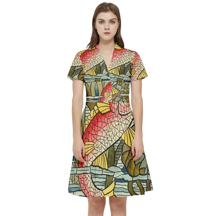 Fish underwater cubism mosaic Short Sleeve Waist Detail Dress