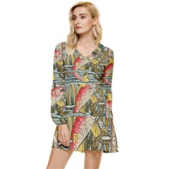 Fish Underwater Cubism Mosaic Tiered Long Sleeve Mini Dress by Bedest