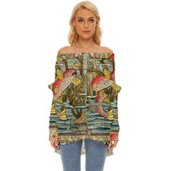 Fish Underwater Cubism Mosaic Off Shoulder Chiffon Pocket Shirt by Bedest