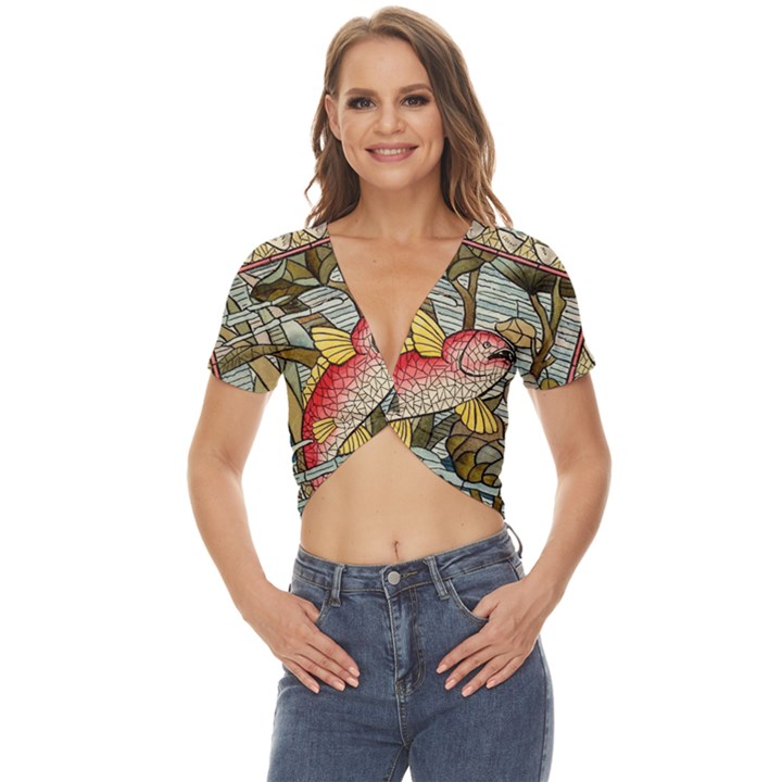 Fish underwater cubism mosaic Twist Front Crop Top