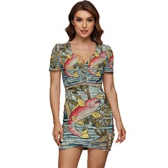 Fish Underwater Cubism Mosaic Low Cut Cap Sleeve Mini Dress by Bedest