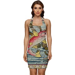 Fish Underwater Cubism Mosaic Sleeveless Wide Square Neckline Ruched Bodycon Dress by Bedest