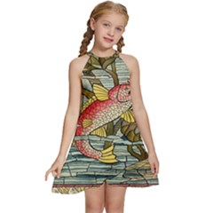 Fish Underwater Cubism Mosaic Kids  Halter Collar Waist Tie Chiffon Dress by Bedest