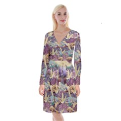 Textile-fabric-cloth-pattern Long Sleeve Velvet Front Wrap Dress by Bedest