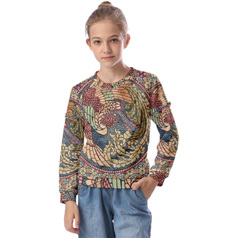 Wings-feathers-cubism-mosaic Kids  Long Sleeve T-shirt With Frill  by Bedest