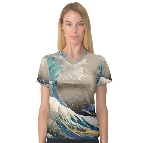 Japanese Wave V-neck Sport Mesh T-shirt by Cowasu