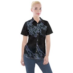 Vapor Wave Aesthetic Art Neon Asian Kanagawa Japanese Women s Short Sleeve Pocket Shirt