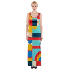 Geometric Shape Colorful Abstract Wave Thigh Split Maxi Dress by Cowasu