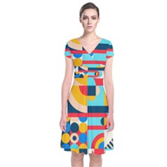 Geometric Shape Colorful Abstract Wave Short Sleeve Front Wrap Dress by Cowasu