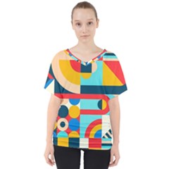 Geometric Shape Colorful Abstract Wave V-neck Dolman Drape Top by Cowasu