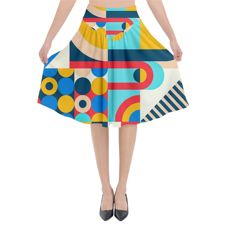 Geometric Shape Colorful Abstract Wave Flared Midi Skirt