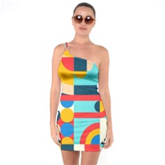 Geometric Shape Colorful Abstract Wave One Shoulder Ring Trim Bodycon Dress by Cowasu