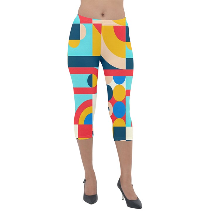 Geometric Shape Colorful Abstract Wave Lightweight Velour Capri Leggings 