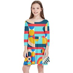 Geometric Shape Colorful Abstract Wave Kids  Quarter Sleeve Skater Dress by Cowasu