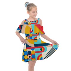 Geometric Shape Colorful Abstract Wave Kids  Shoulder Cutout Chiffon Dress by Cowasu