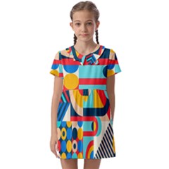 Geometric Shape Colorful Abstract Wave Kids  Asymmetric Collar Dress by Cowasu