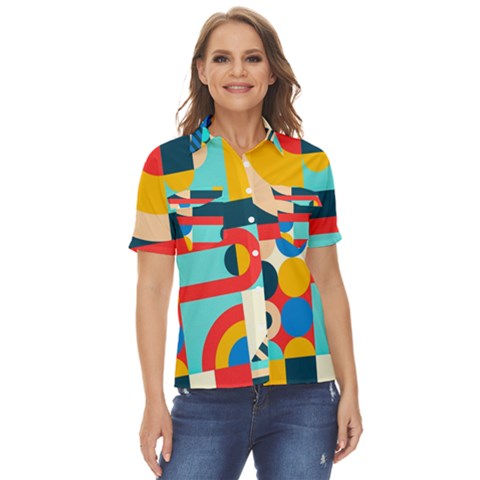 Geometric Shape Colorful Abstract Wave Women s Short Sleeve Double Pocket Shirt by Cowasu