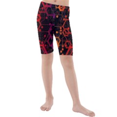 Abstract Red Geometric Kids  Mid Length Swim Shorts by Cowasu