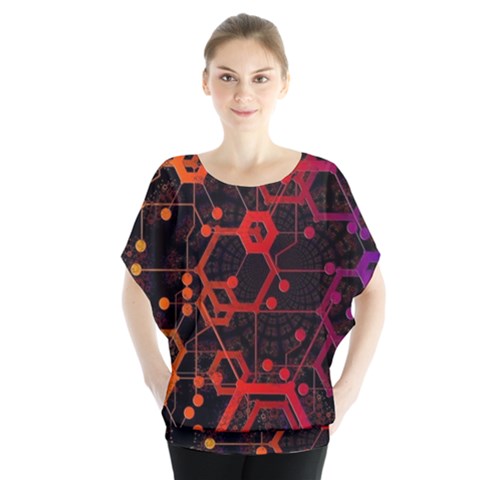 Abstract Red Geometric Batwing Chiffon Blouse by Cowasu