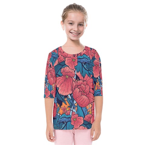 Flower Classic Japanese Art Kids  Quarter Sleeve Raglan T-shirt by Cowasu